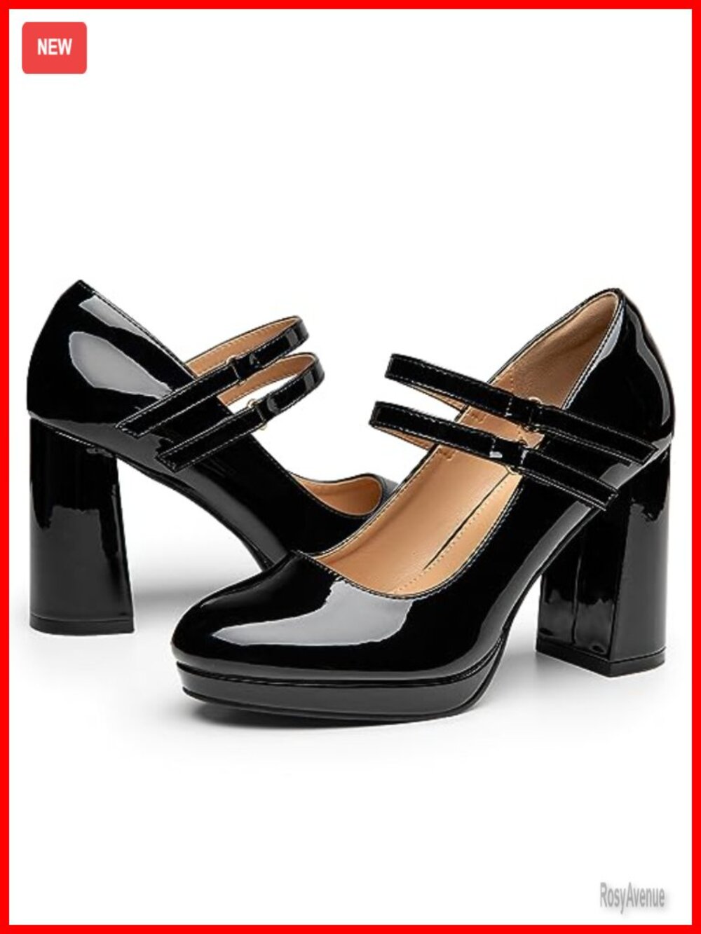 Mary Jane Platform Heels Chunky Block High Heels Double Strap Faux Leather